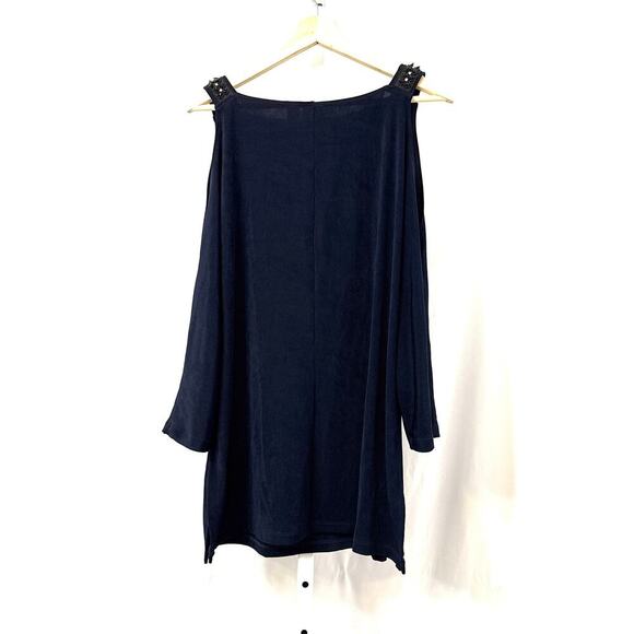 Chicos Travelers Tunic Top Large Size 2 Navy Blue Cold Shoulder - Picture 11 of 11